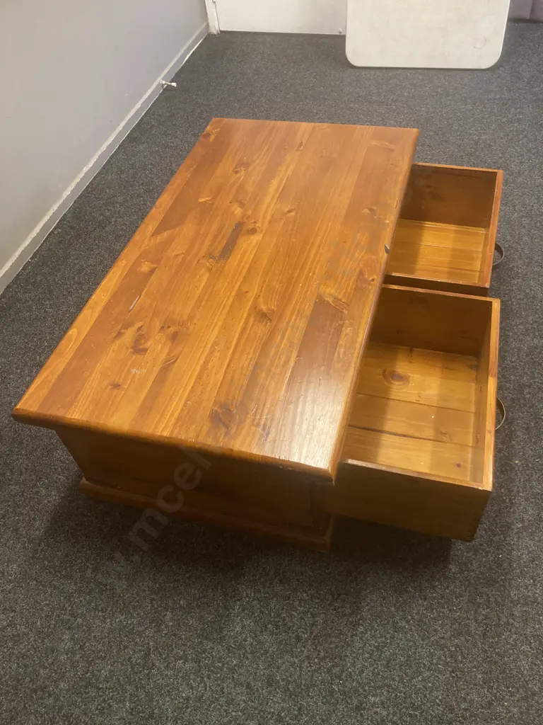 Pine Coffee Table, 2 Drawers With Access Both Sides, Steel Handles & Steel Straps On Corners. H40 W127 D70cm Image 1++